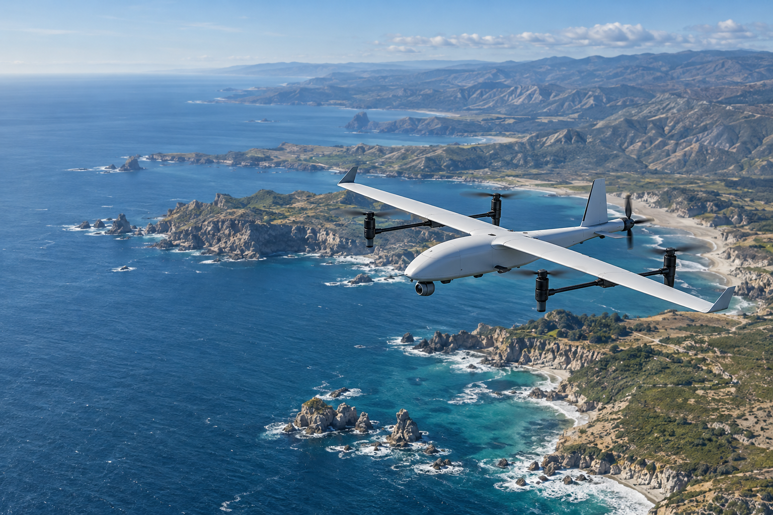 固定翼 VTOL 無人機海岸廣域測繪示意